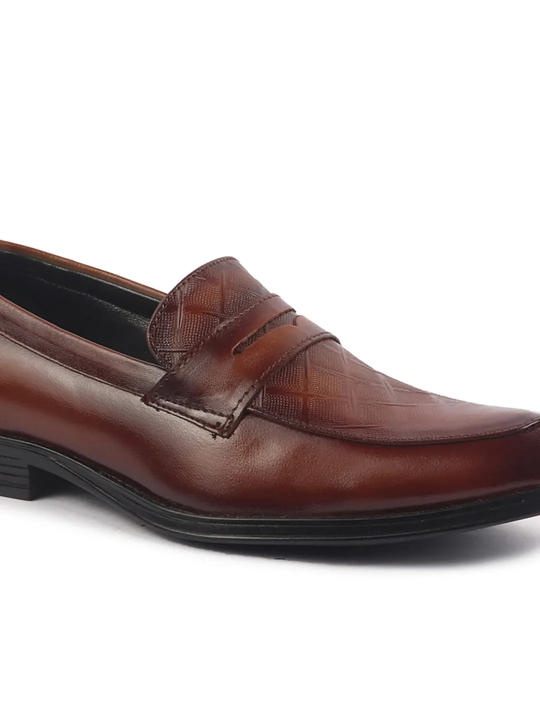 Men Tan Genuine Leather Formal Textured Slip On Shoes for Office Meetings|All Day Long Comfort With Soft Cushioned