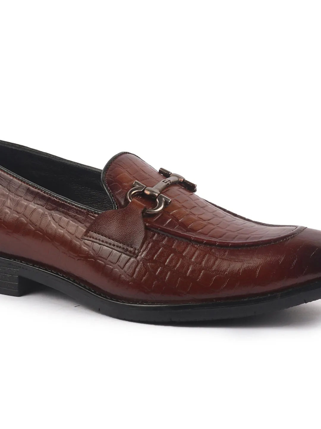 Men Tan Genuine Leather Horsebit Buckle Textured Office Formal Slip On Shoes|Slip Resistant Sole with Memory Cushioned