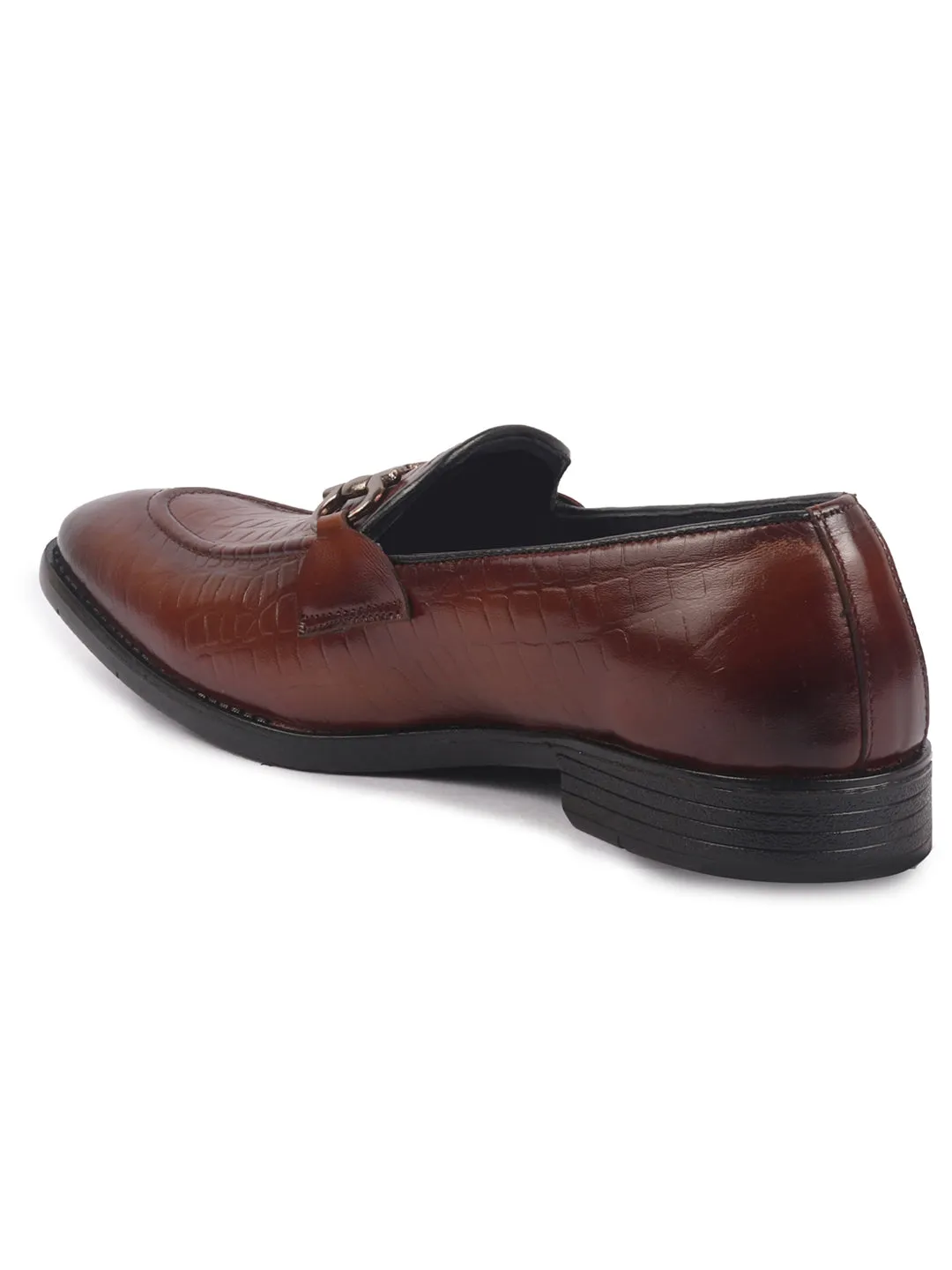 Men Tan Genuine Leather Horsebit Buckle Textured Office Formal Slip On Shoes|Slip Resistant Sole with Memory Cushioned