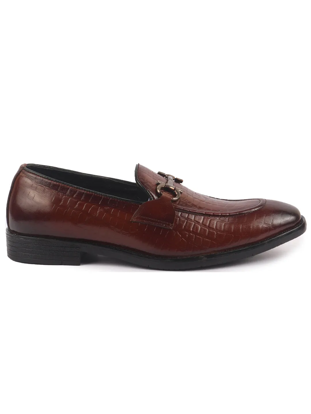 Men Tan Genuine Leather Horsebit Buckle Textured Office Formal Slip On Shoes|Slip Resistant Sole with Memory Cushioned