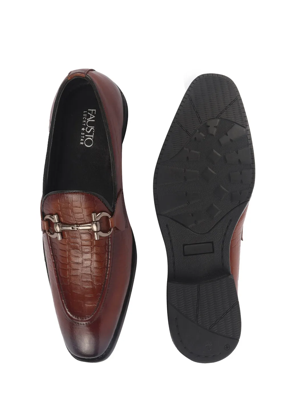 Men Tan Genuine Leather Horsebit Buckle Textured Office Formal Slip On Shoes|Slip Resistant Sole with Memory Cushioned