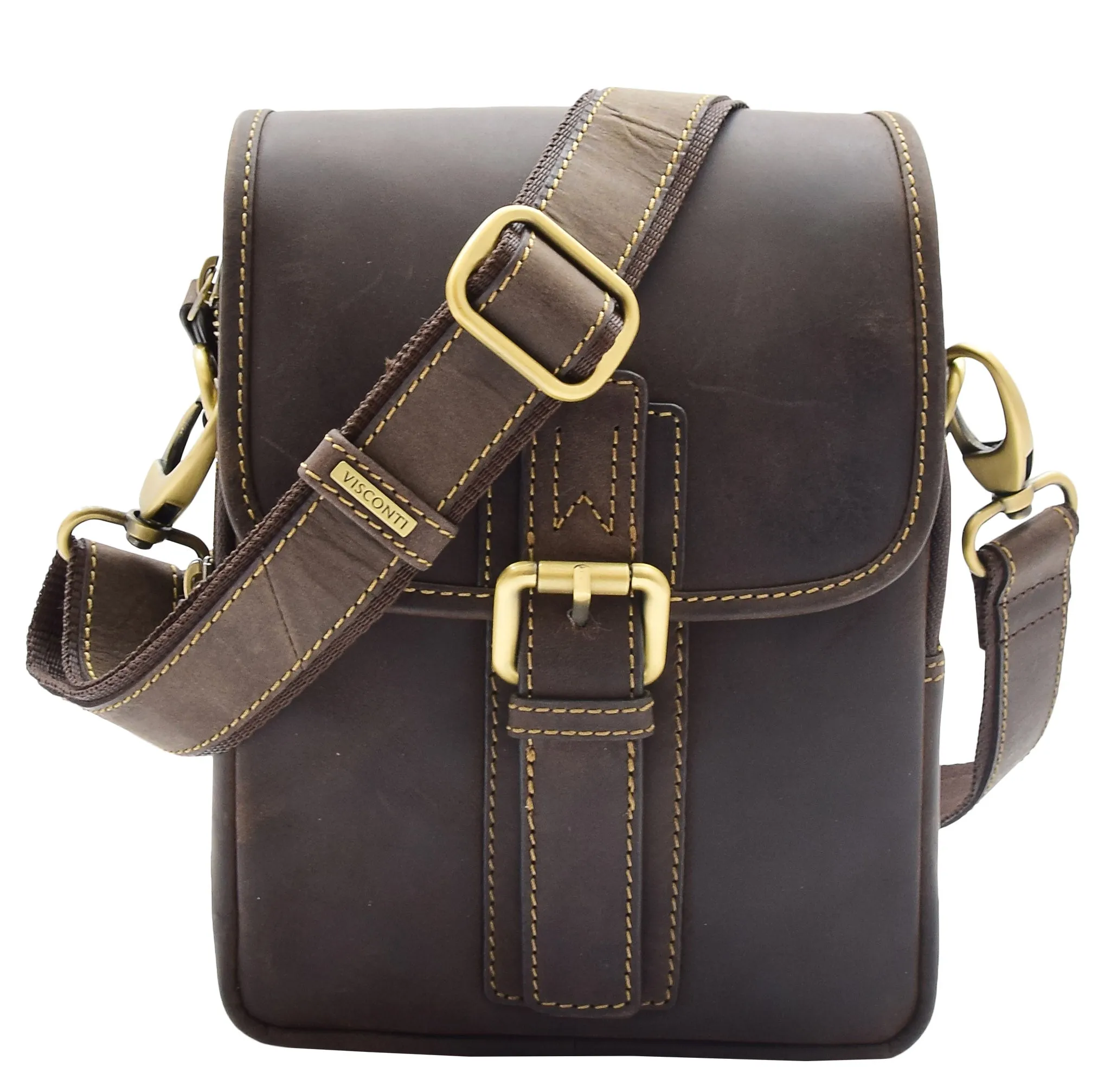Men's Smart Cross Body Bag Genuine Leather Messenger Brown DR386