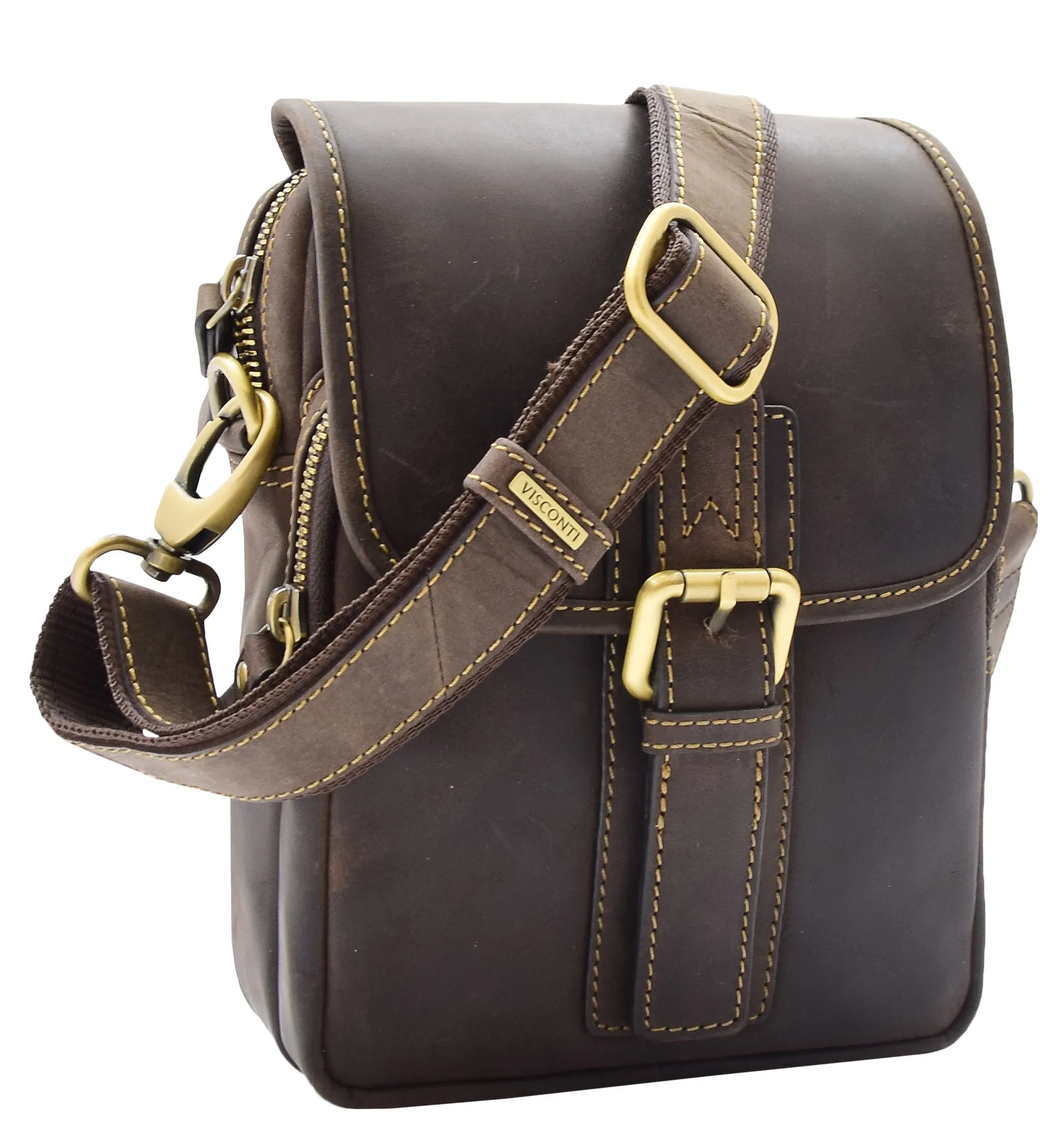 Men's Smart Cross Body Bag Genuine Leather Messenger Brown DR386