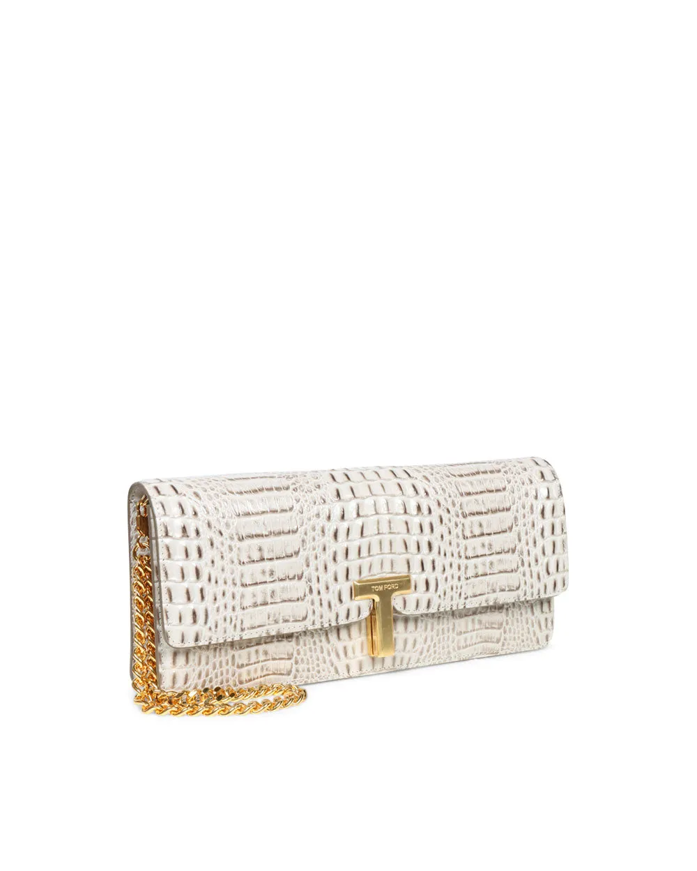 Mini Wallis Shiny Embossed Crocodile Clutch in Pearl Grey
