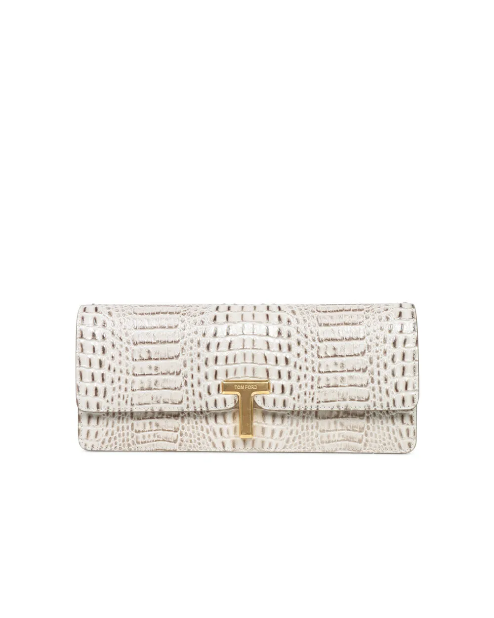Mini Wallis Shiny Embossed Crocodile Clutch in Pearl Grey