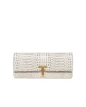 Mini Wallis Shiny Embossed Crocodile Clutch in Pearl Grey