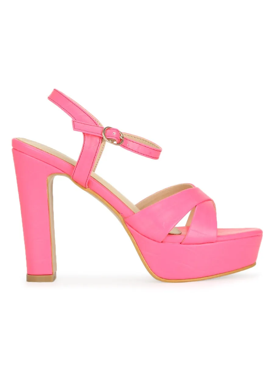Neon Pink PU High Platform Heels