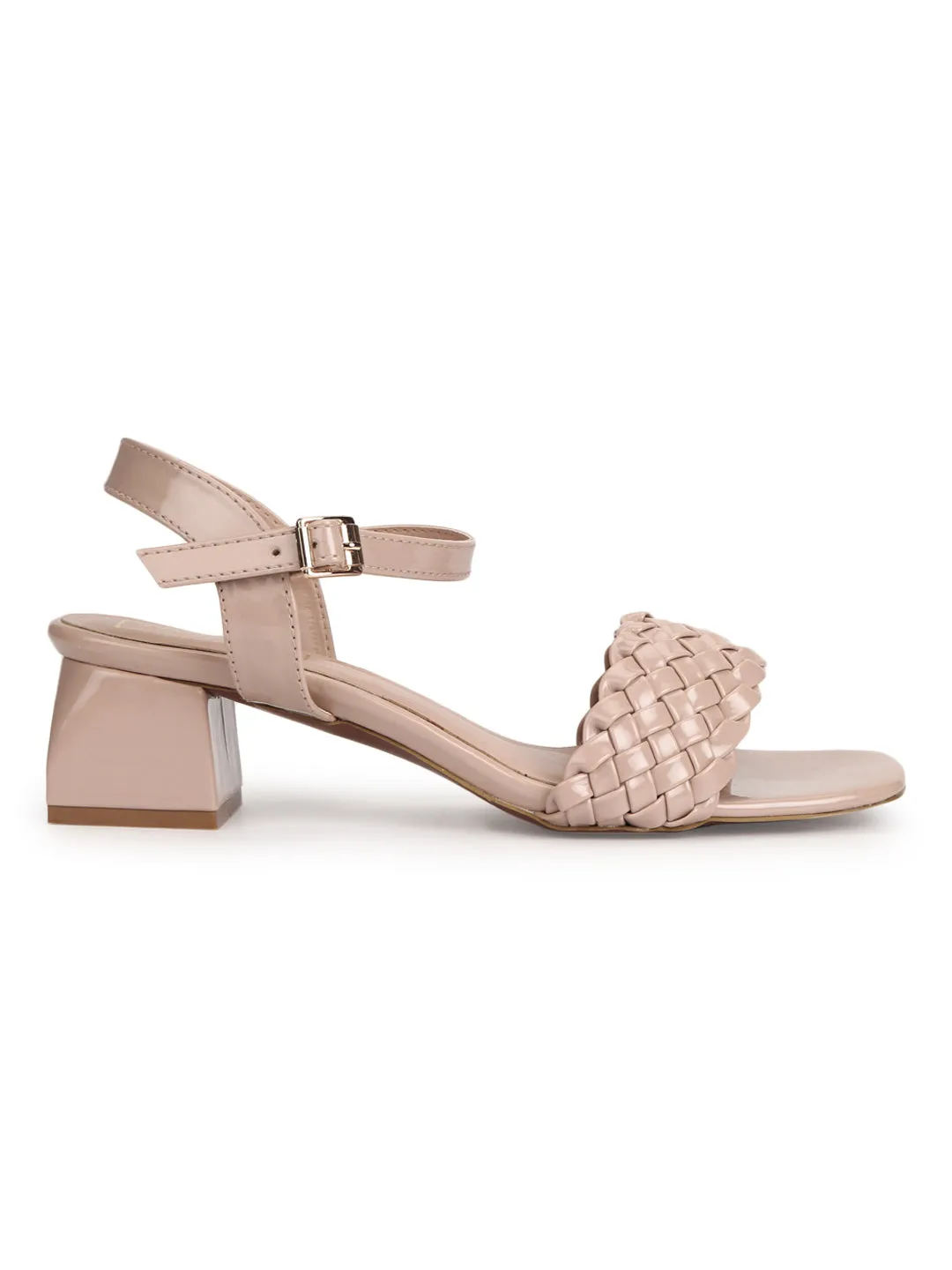 Nude Patent Woven Low Block Heels