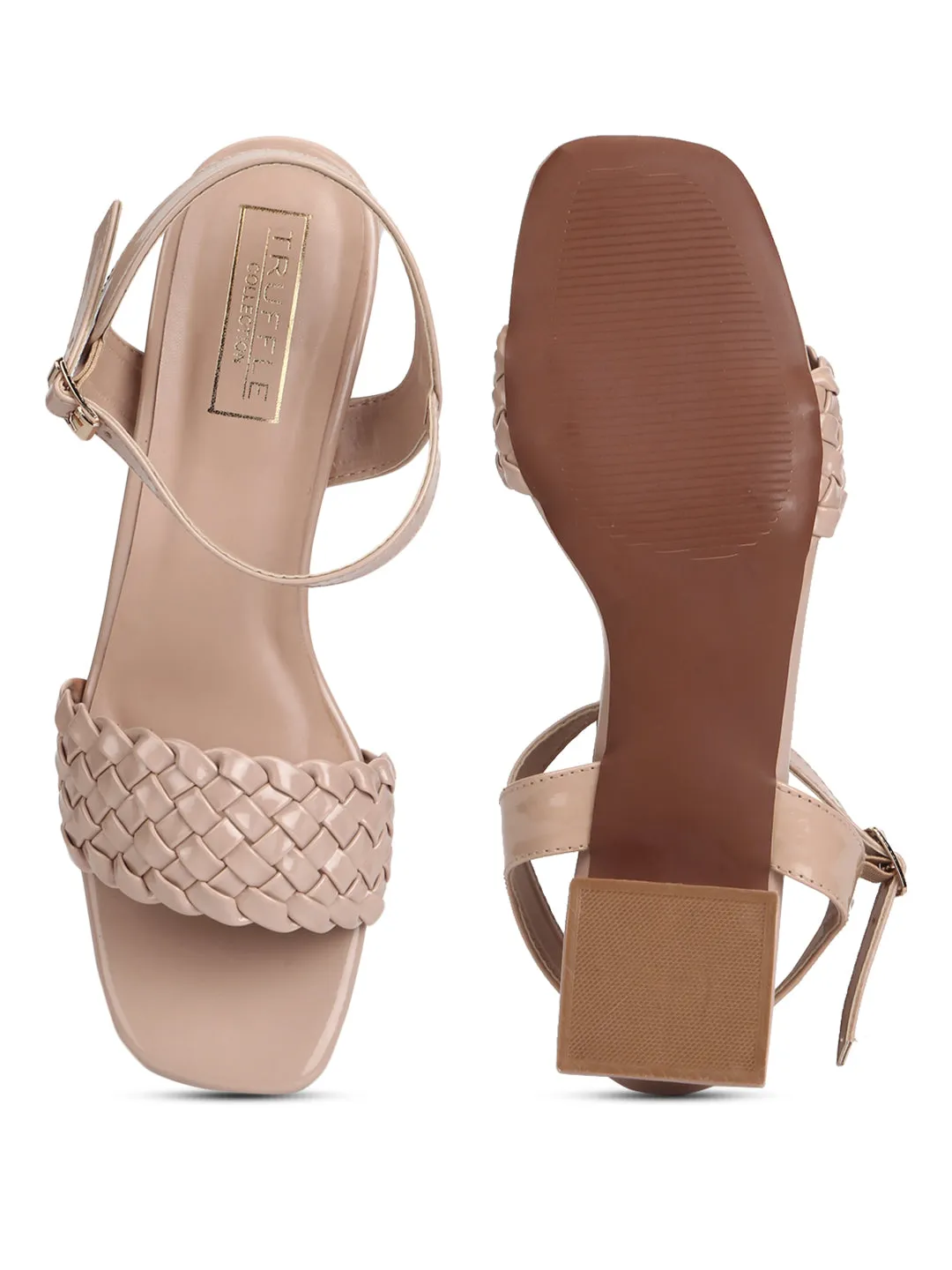 Nude Patent Woven Low Block Heels