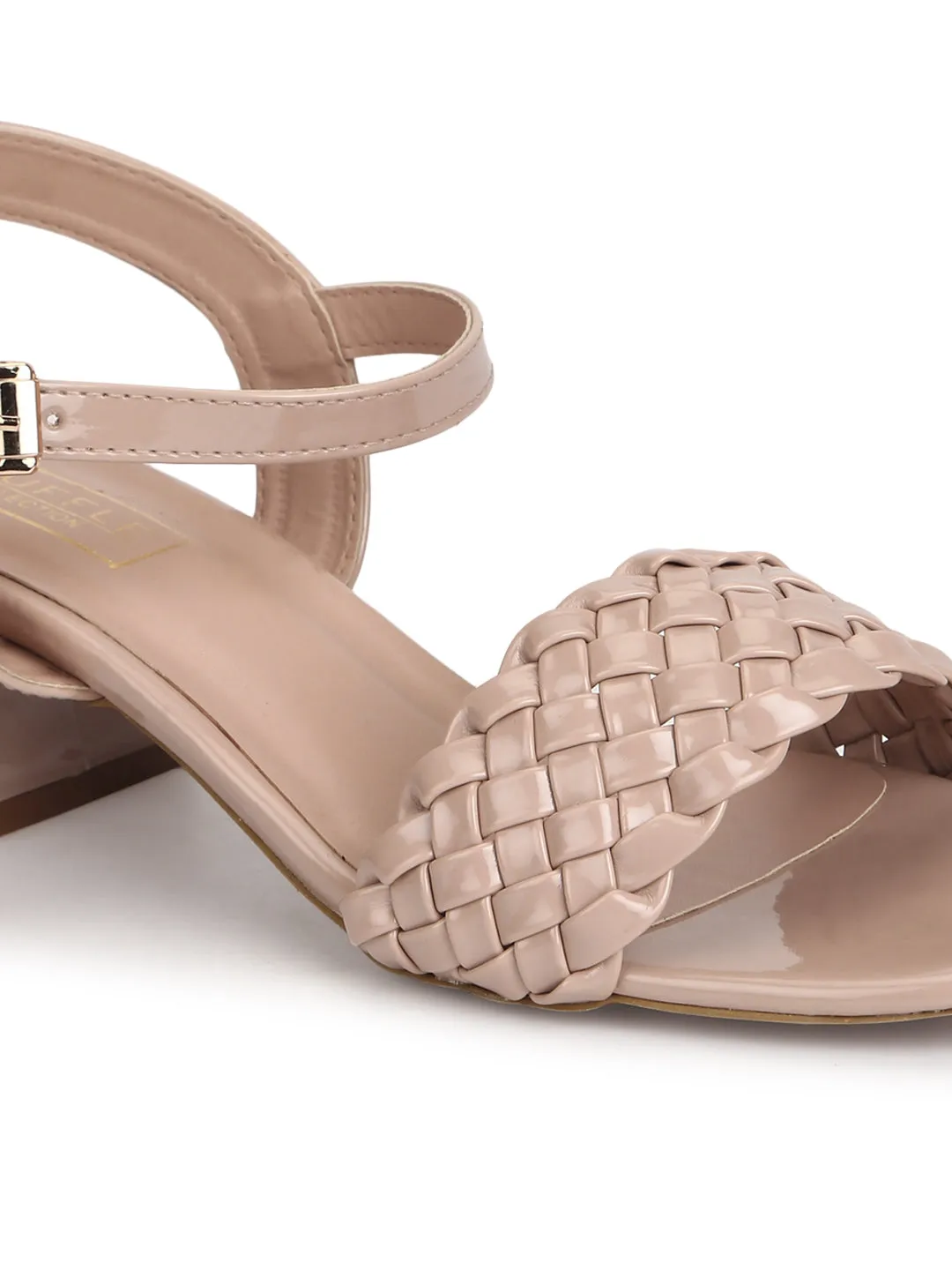 Nude Patent Woven Low Block Heels