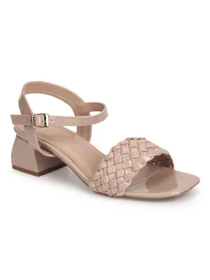 Nude Patent Woven Low Block Heels