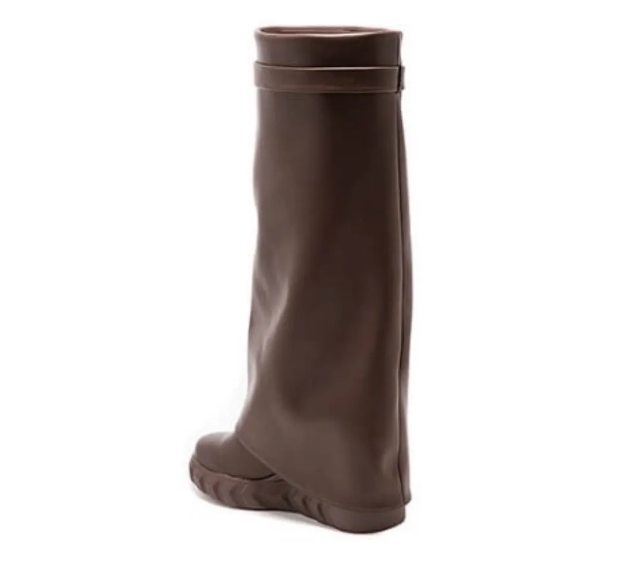 PAMMY CHOCOLATE BROWN WEDGE KNEE HIGH OVERLAP BOOTS