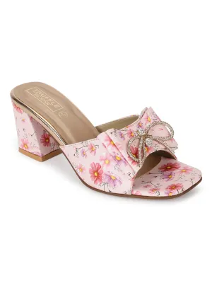 Pink PU Floral Diamante Bow Block Heel Mules (TC-SLC-R550-PNK)