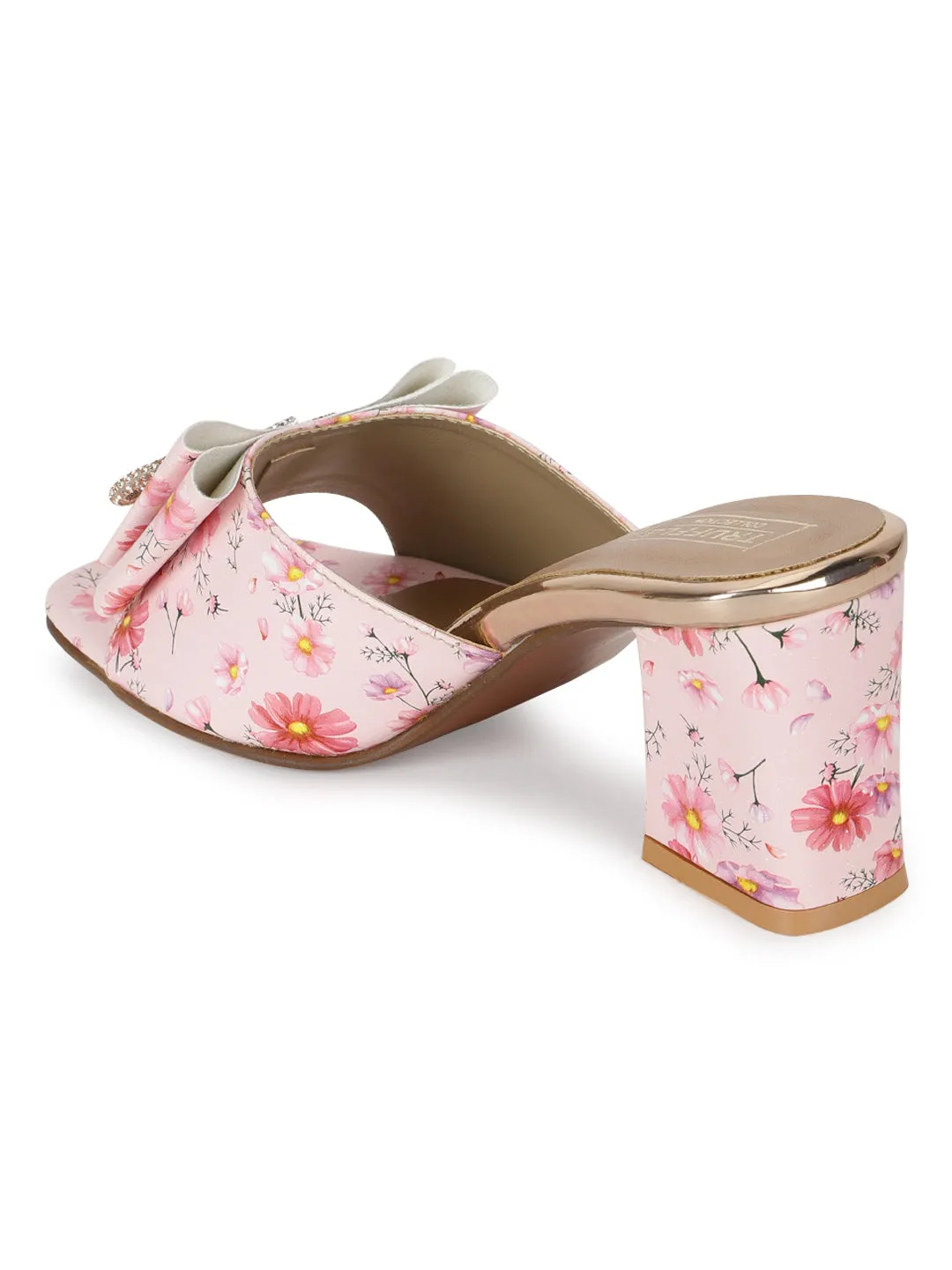 Pink PU Floral Diamante Bow Block Heel Mules (TC-SLC-R550-PNK)