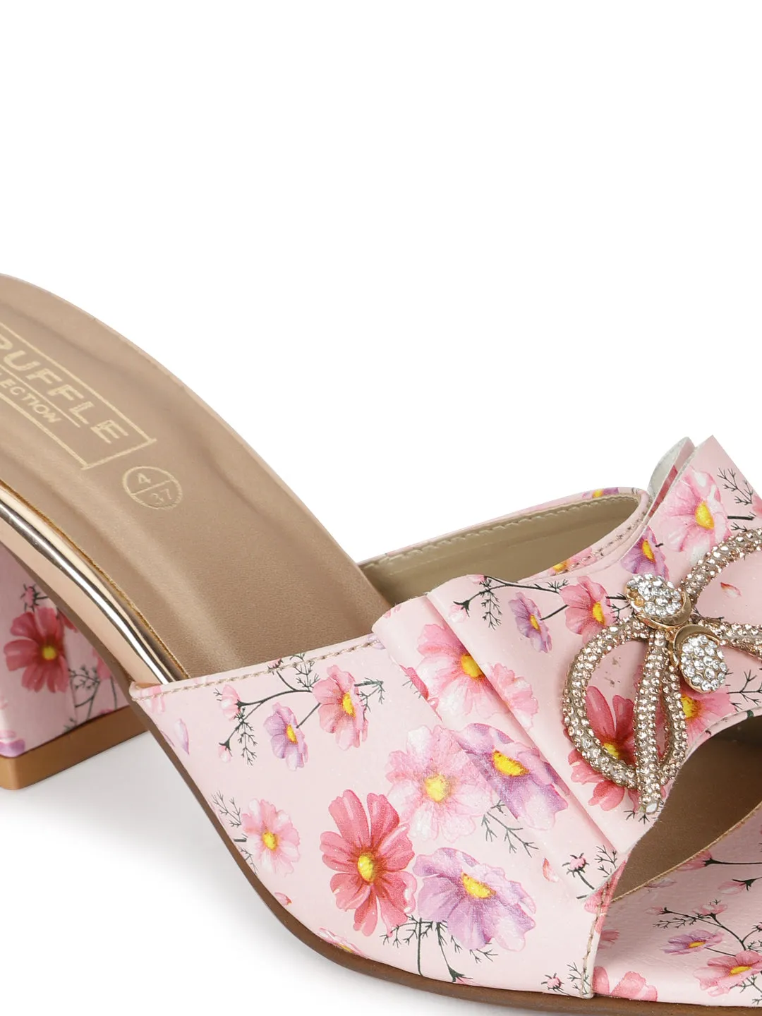 Pink PU Floral Diamante Bow Block Heel Mules (TC-SLC-R550-PNK)