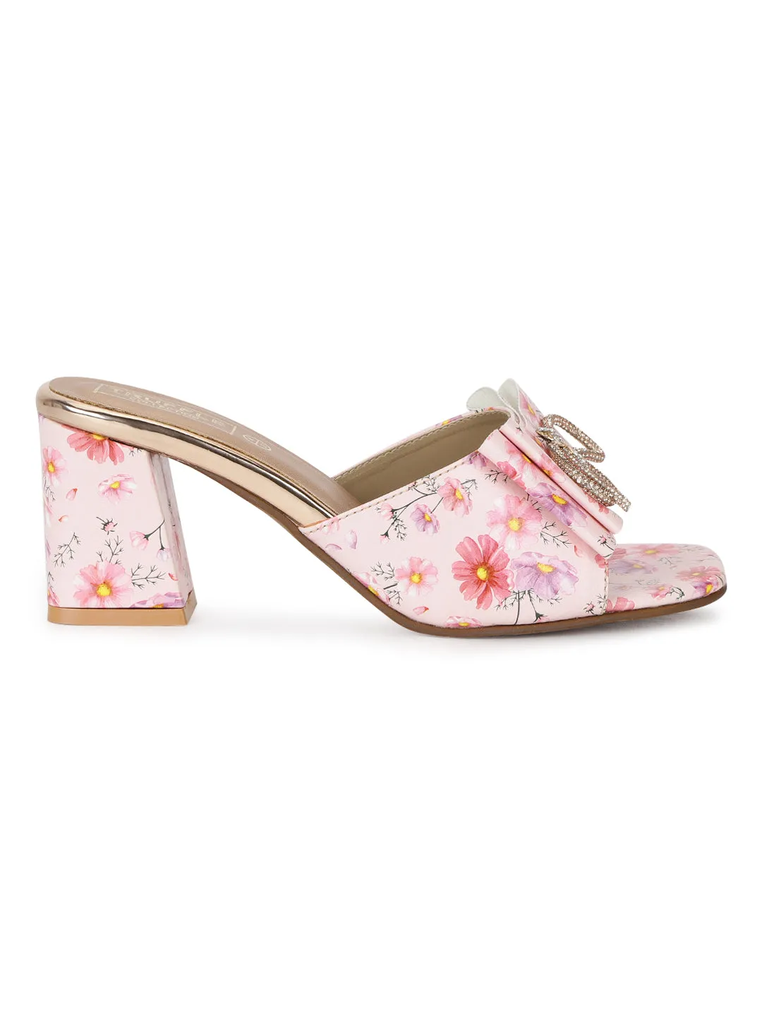 Pink PU Floral Diamante Bow Block Heel Mules (TC-SLC-R550-PNK)