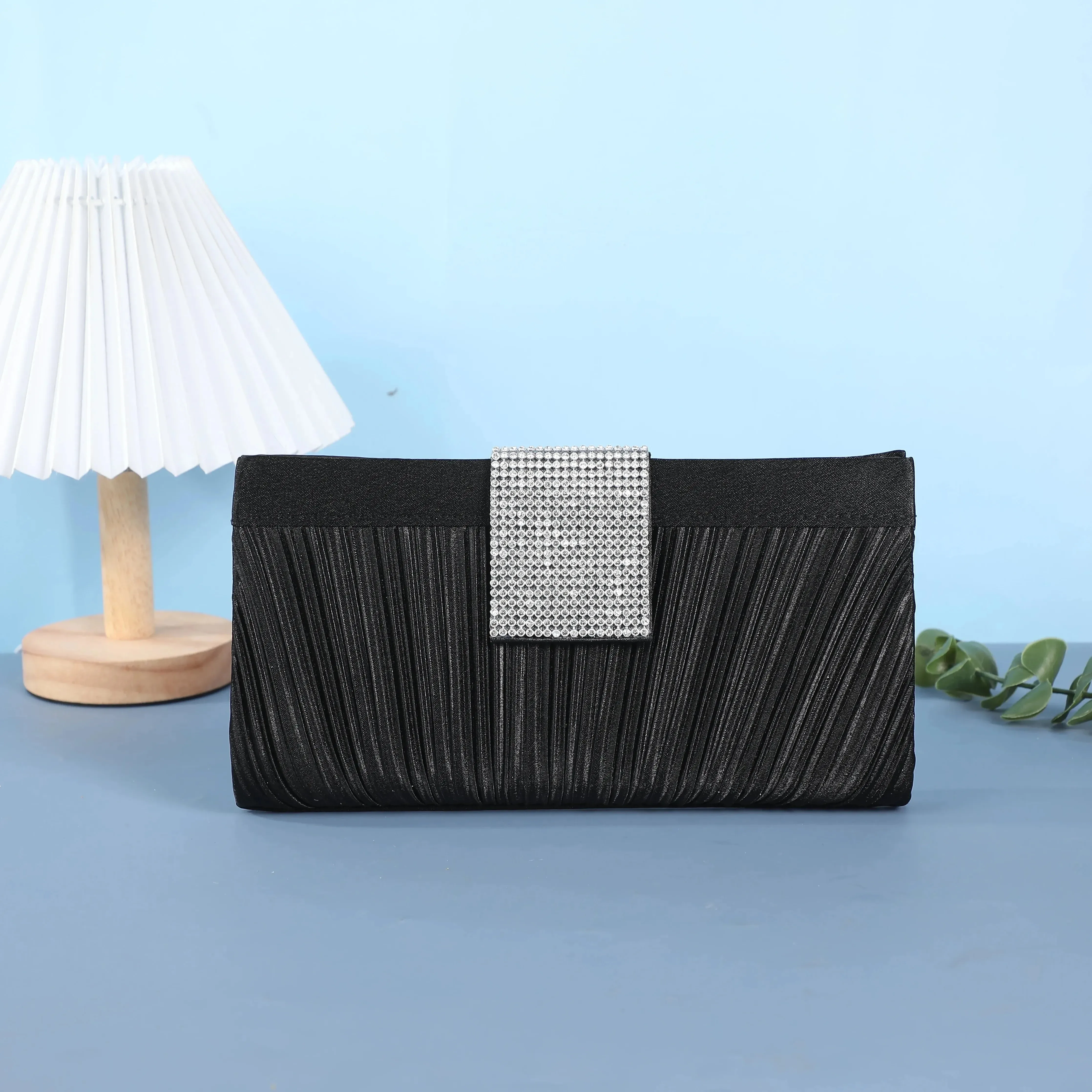 Pleated Satin And Rhinestones Evening Bag Light Party Clutch