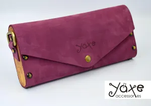 Purple small clutch women bag from leather and wood