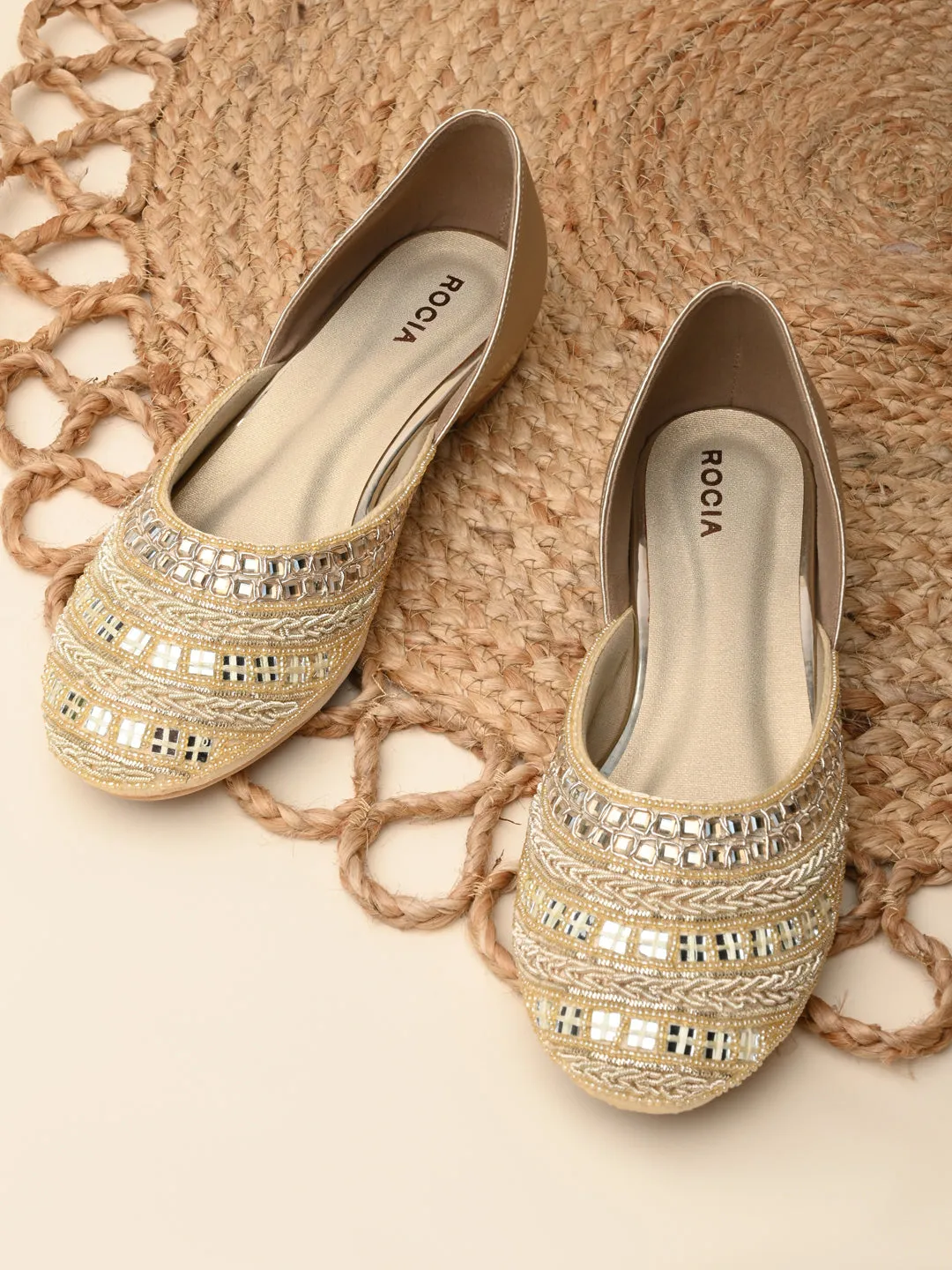 Rocia By Regal Gold Women Mirror Work Mojaris