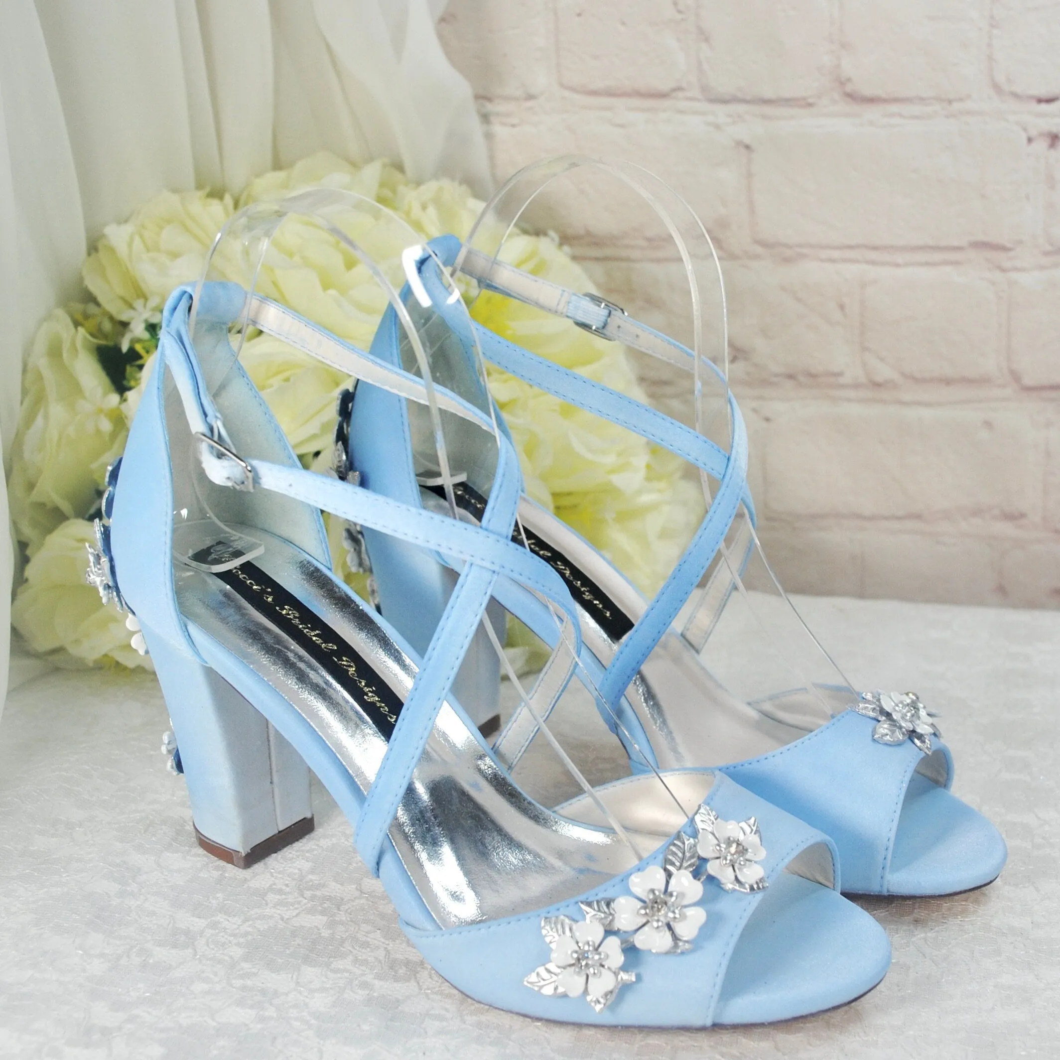 Satin Block Heels with Cherry Blossom