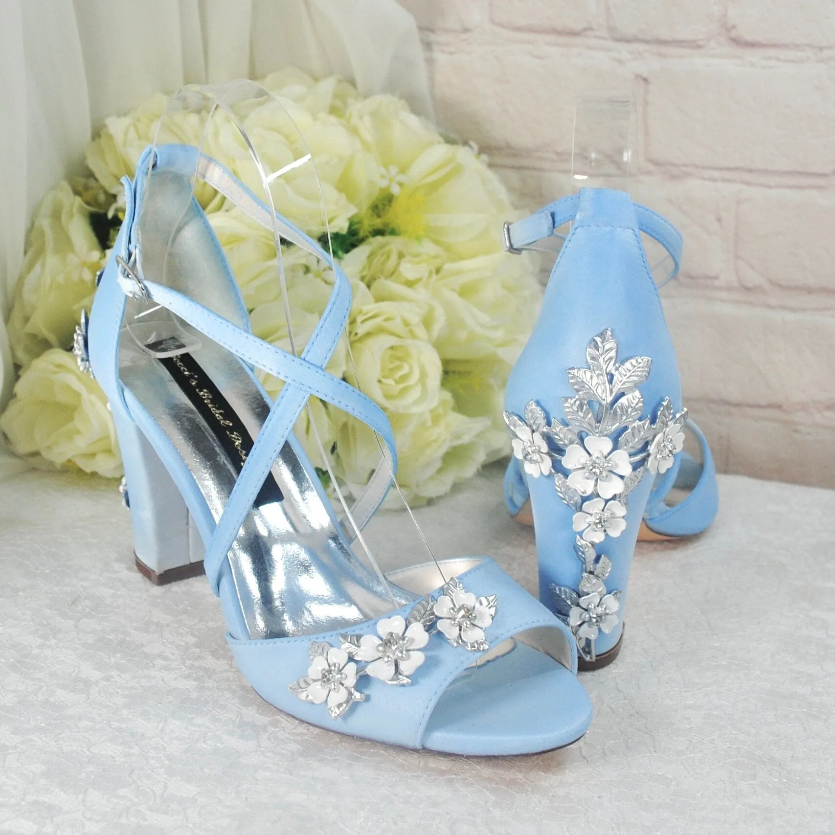 Satin Block Heels with Cherry Blossom