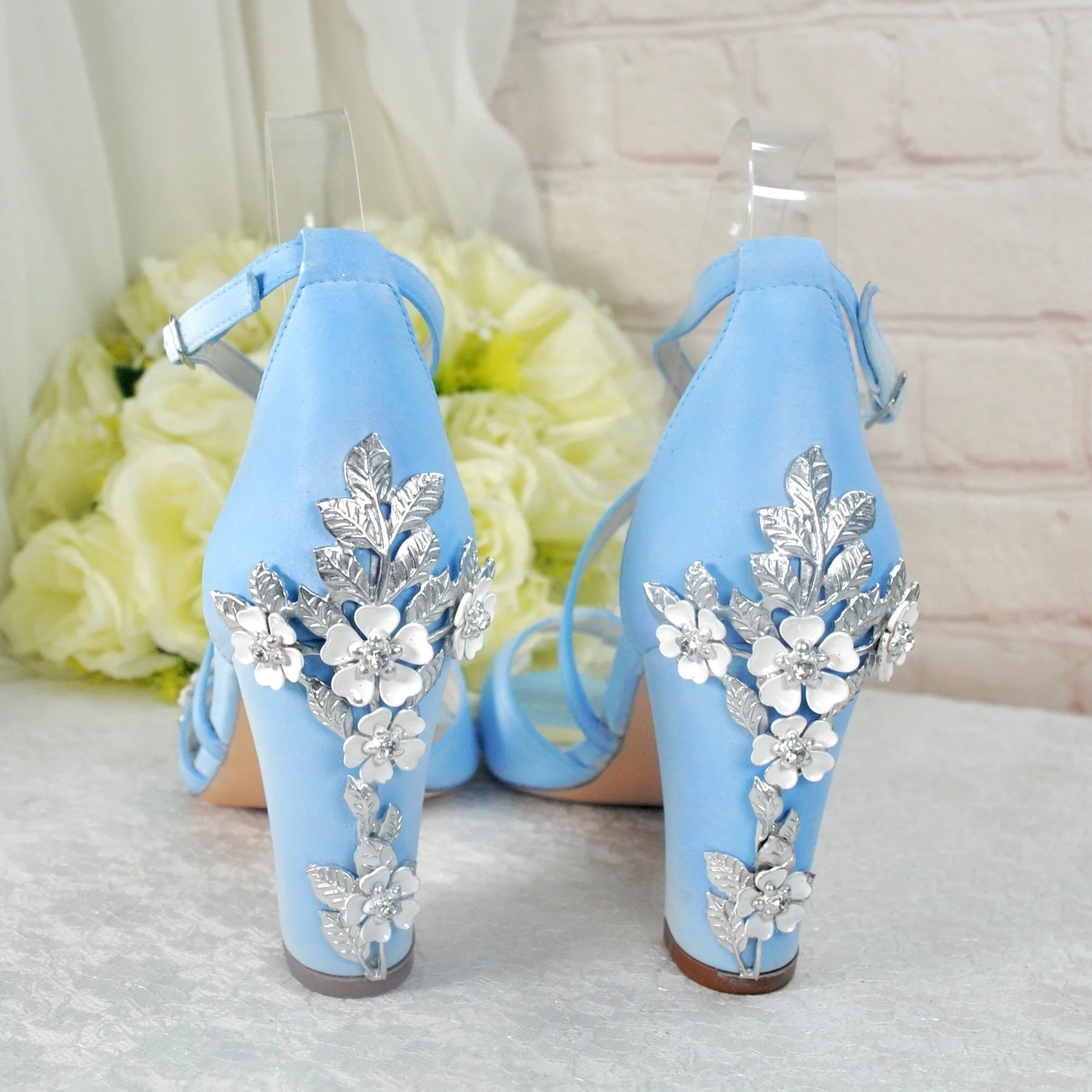 Satin Block Heels with Cherry Blossom