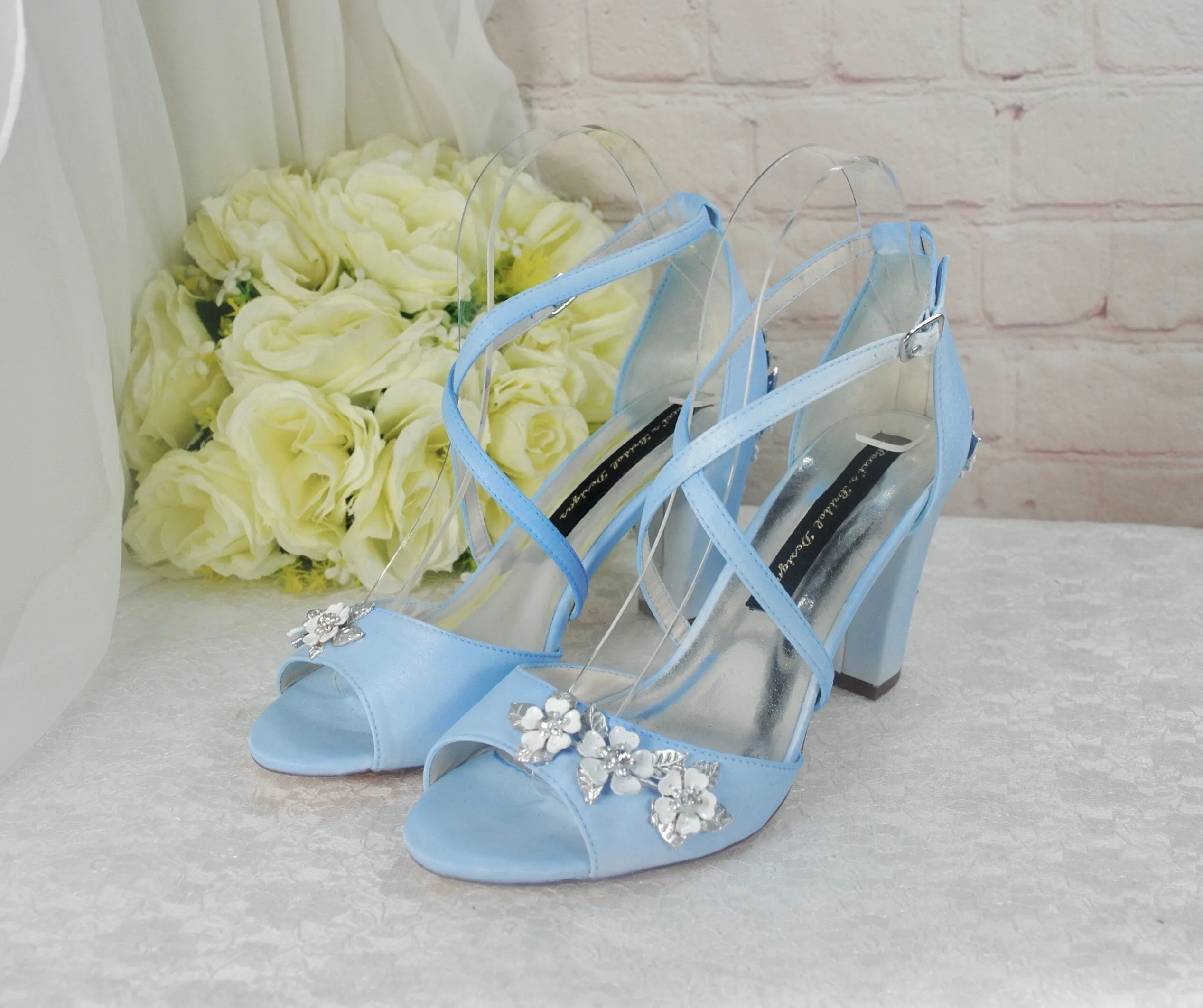 Satin Block Heels with Cherry Blossom