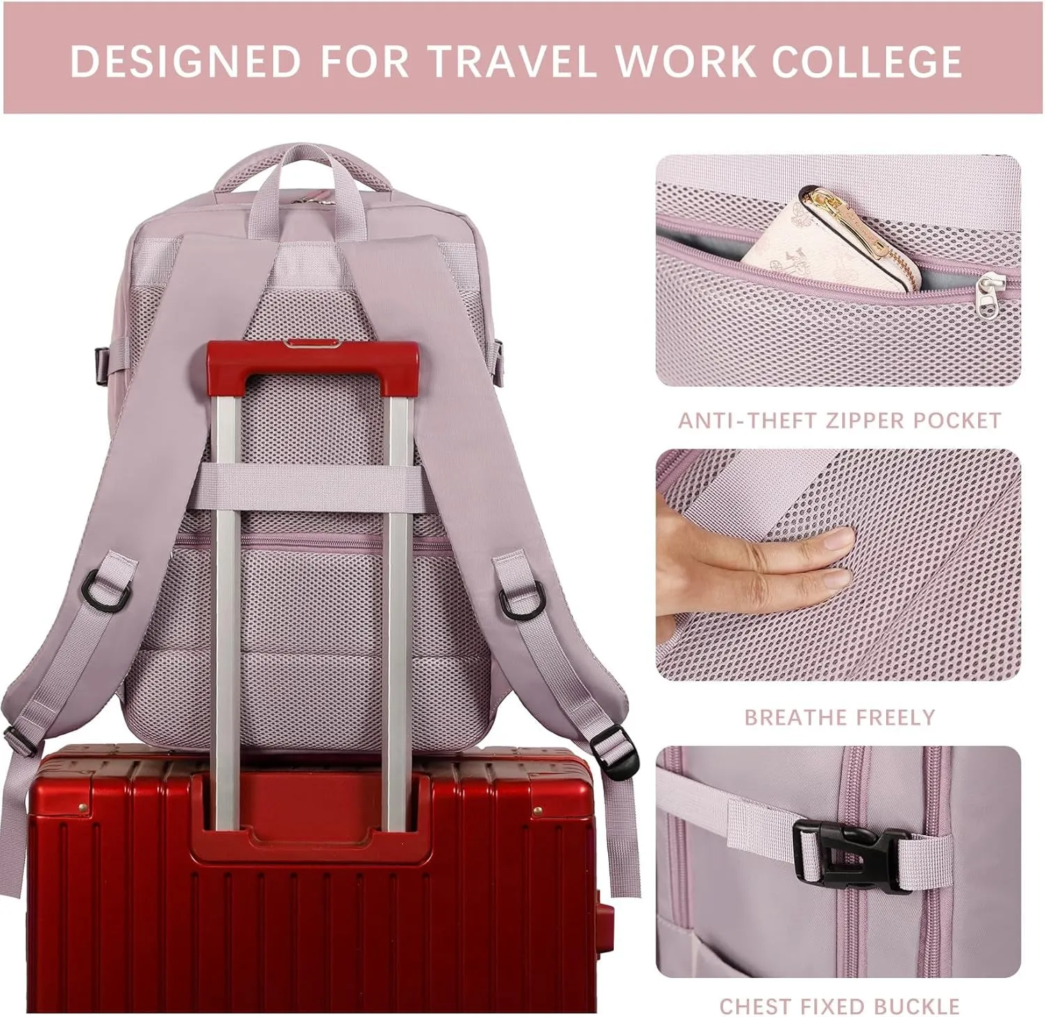 Travel Laptops Backpack for Women Men, Casual Work Bag 17Inch Backpack Airline Approved Backpack for Hiking Business (Pink Khaki)