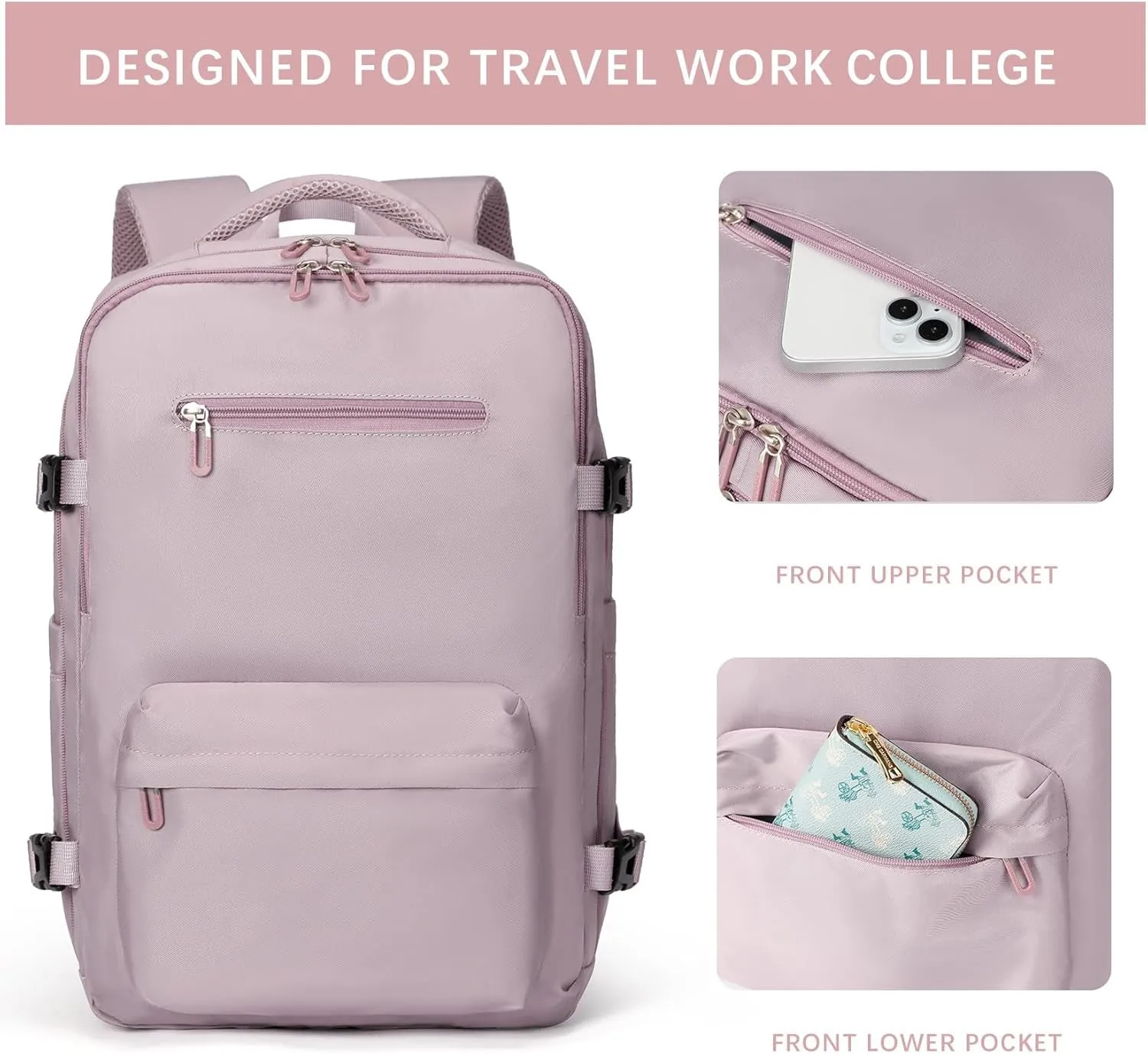 Travel Laptops Backpack for Women Men, Casual Work Bag 17Inch Backpack Airline Approved Backpack for Hiking Business (Pink Khaki)