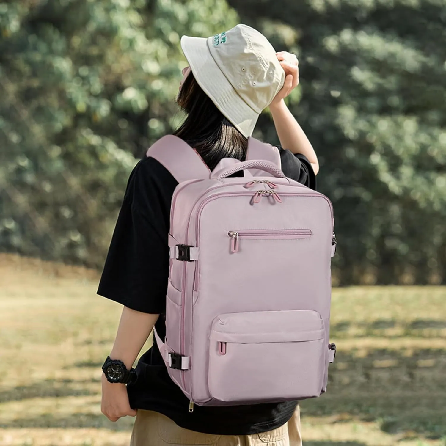 Travel Laptops Backpack for Women Men, Casual Work Bag 17Inch Backpack Airline Approved Backpack for Hiking Business (Pink Khaki)
