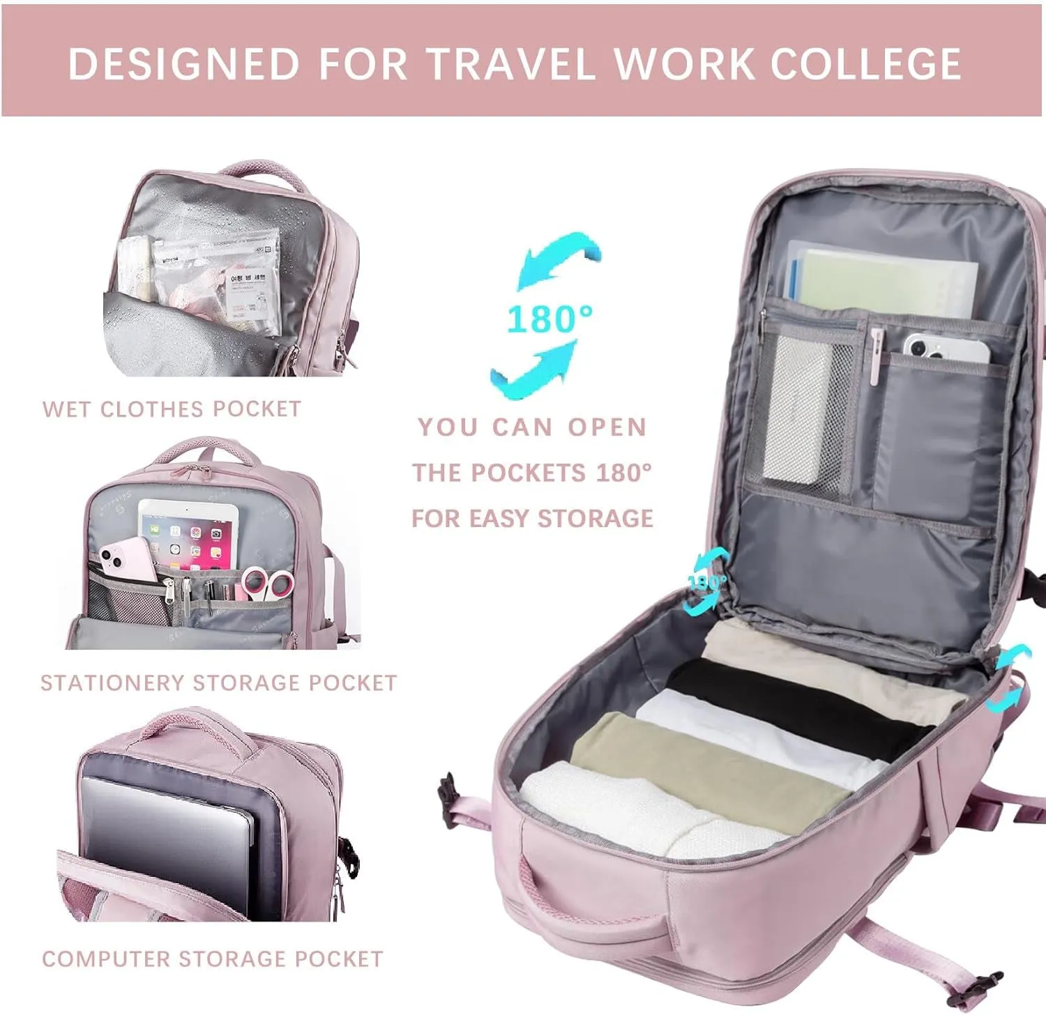 Travel Laptops Backpack for Women Men, Casual Work Bag 17Inch Backpack Airline Approved Backpack for Hiking Business (Pink Khaki)