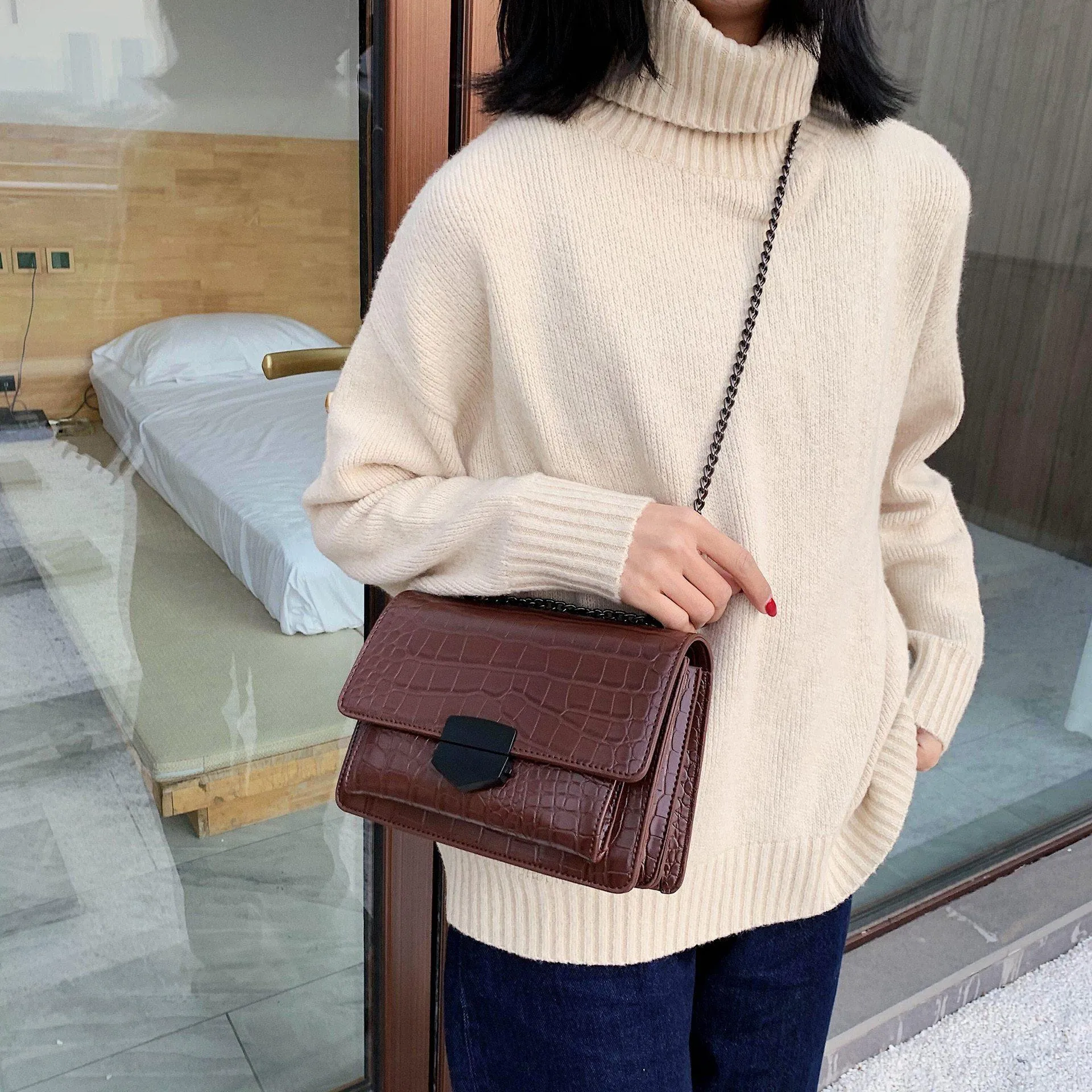 Vintage Crocodile Pattern Chain Women's Shoulder Crossbody Bags Fashion Ladies Messenger Bag Evening Clutch Female Purses