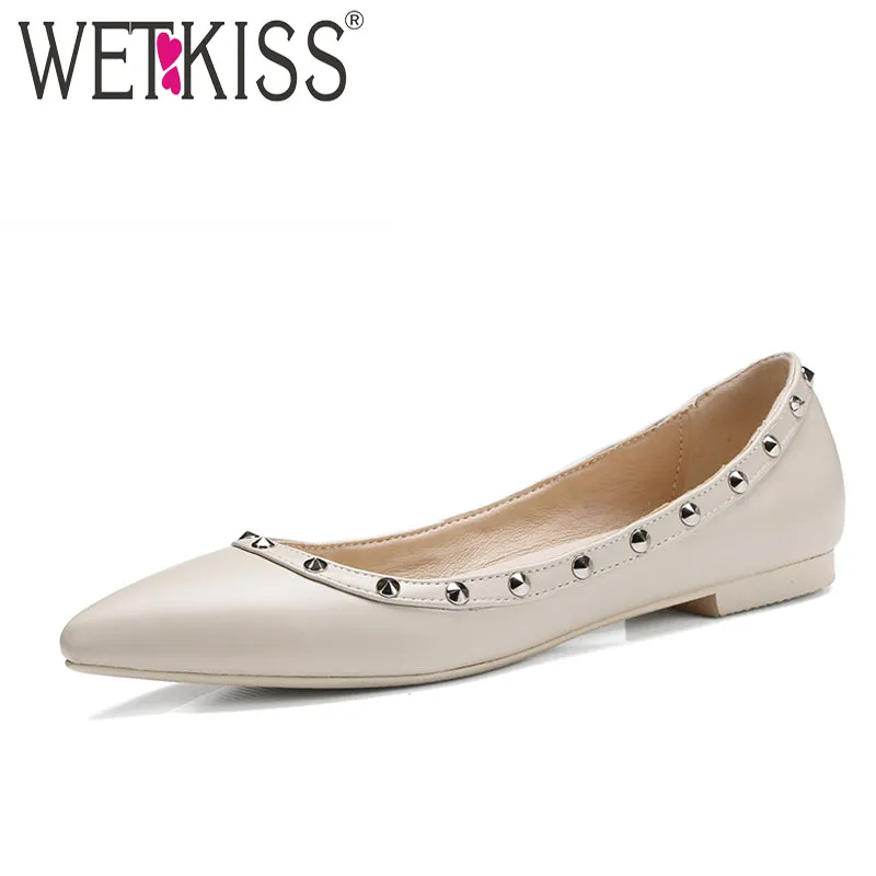 WETKISS Super Big Size 32-45 Fashion Women Flats Rivets Charm Pointed toe Boat Shoes Woman Casual Flat Sole Spring Fall Flats