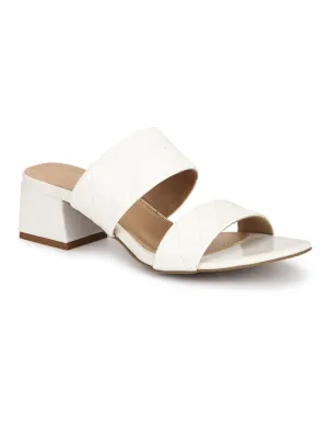 White Patent Textured Low Heel Mules