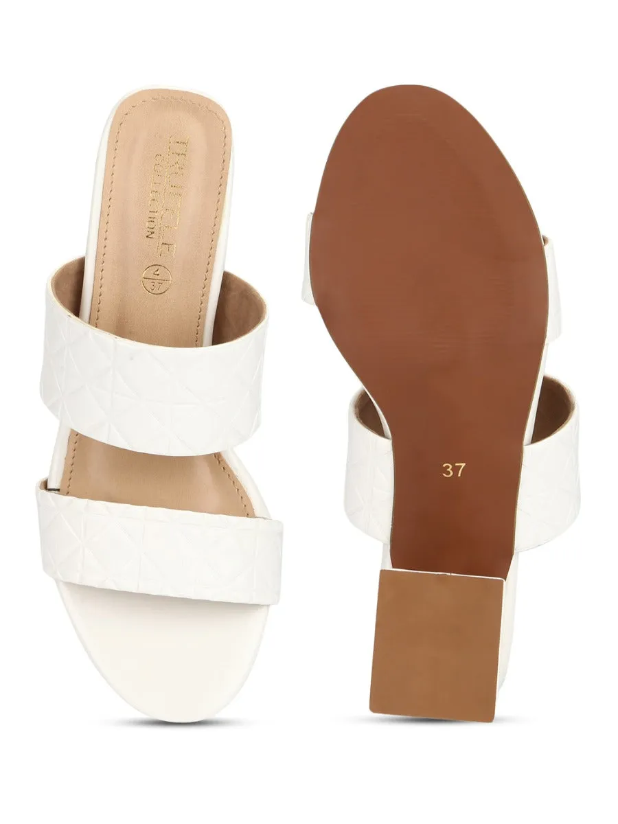 White Patent Textured Low Heel Mules