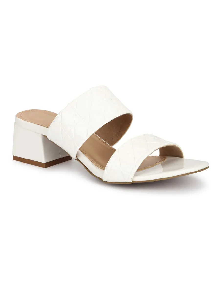 White Patent Textured Low Heel Mules