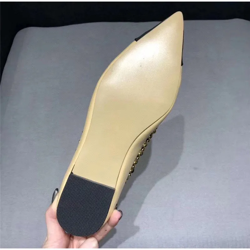 Women Fashion Flats Shoes Genuine Leather Pointed Toe Mixed Color Females Single Shoes Shallow Metal Chain Classic luxury brand