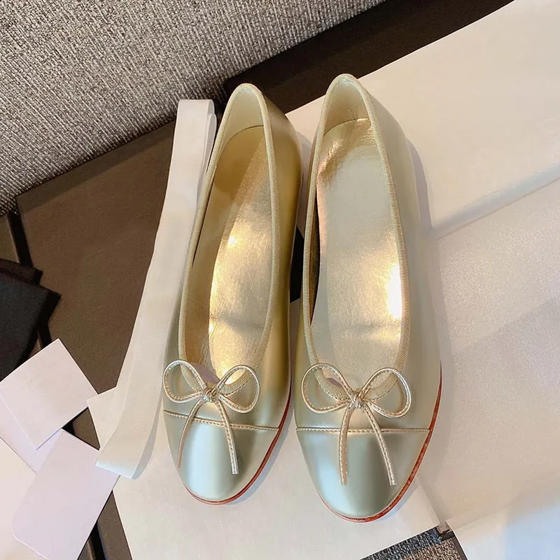 Women Fashion Flats Shoes Genuine Leather Pointed Toe Mixed Color Females Single Shoes Shallow Metal Chain Classic luxury brand