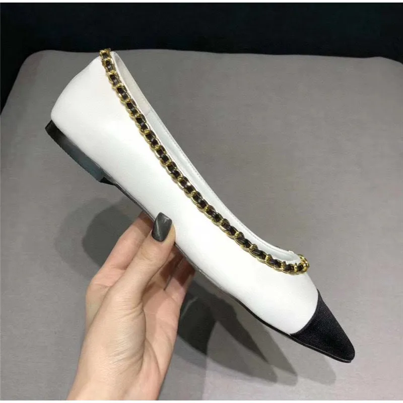 Women Fashion Flats Shoes Genuine Leather Pointed Toe Mixed Color Females Single Shoes Shallow Metal Chain Classic luxury brand