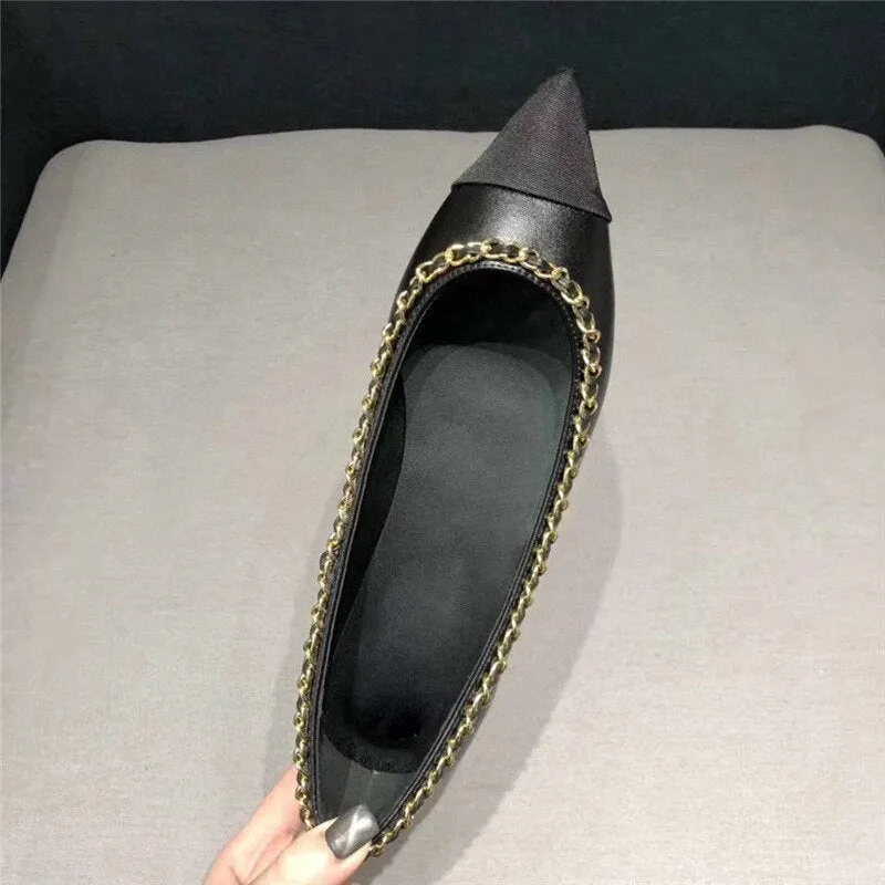 Women Fashion Flats Shoes Genuine Leather Pointed Toe Mixed Color Females Single Shoes Shallow Metal Chain Classic luxury brand