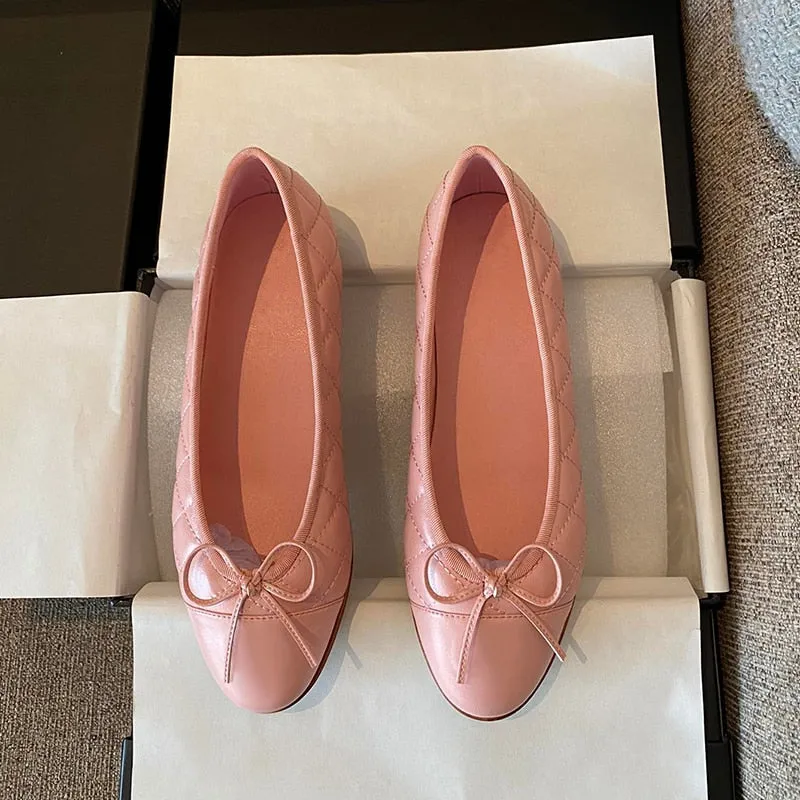 Women Fashion Flats Shoes Genuine Leather Pointed Toe Mixed Color Females Single Shoes Shallow Metal Chain Classic luxury brand