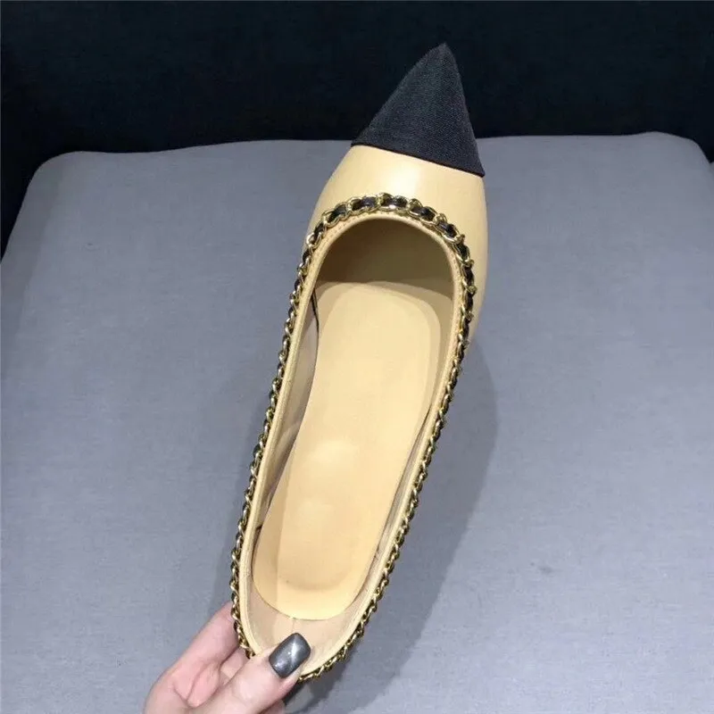 Women Fashion Flats Shoes Genuine Leather Pointed Toe Mixed Color Females Single Shoes Shallow Metal Chain Classic luxury brand
