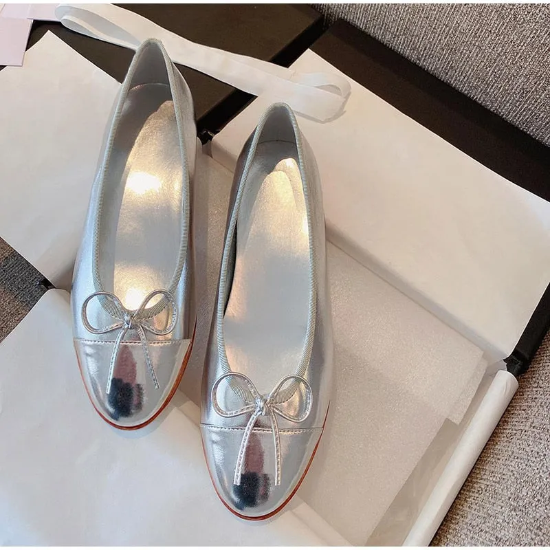 Women Fashion Flats Shoes Genuine Leather Pointed Toe Mixed Color Females Single Shoes Shallow Metal Chain Classic luxury brand