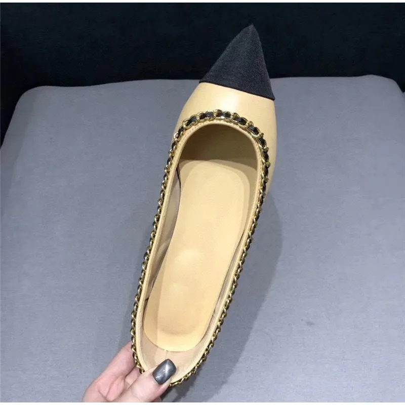 Women Fashion Flats Shoes Genuine Leather Pointed Toe Mixed Color Females Single Shoes Shallow Metal Chain Classic luxury brand
