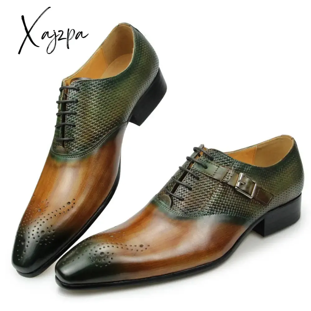 Xajzpa - Luxury Mens Business Genuine Leather Shoes Fashion Wedding Oxfords Lace-up Pointed Toe Black Green Coffee Brogues Dress Shoes