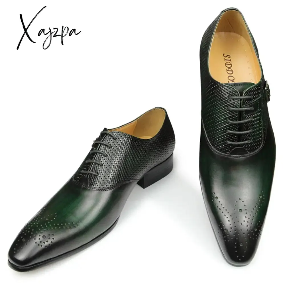 Xajzpa - Luxury Mens Business Genuine Leather Shoes Fashion Wedding Oxfords Lace-up Pointed Toe Black Green Coffee Brogues Dress Shoes