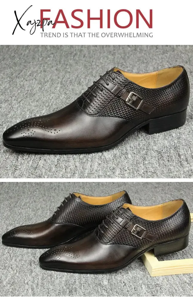 Xajzpa - Luxury Mens Business Genuine Leather Shoes Fashion Wedding Oxfords Lace-up Pointed Toe Black Green Coffee Brogues Dress Shoes