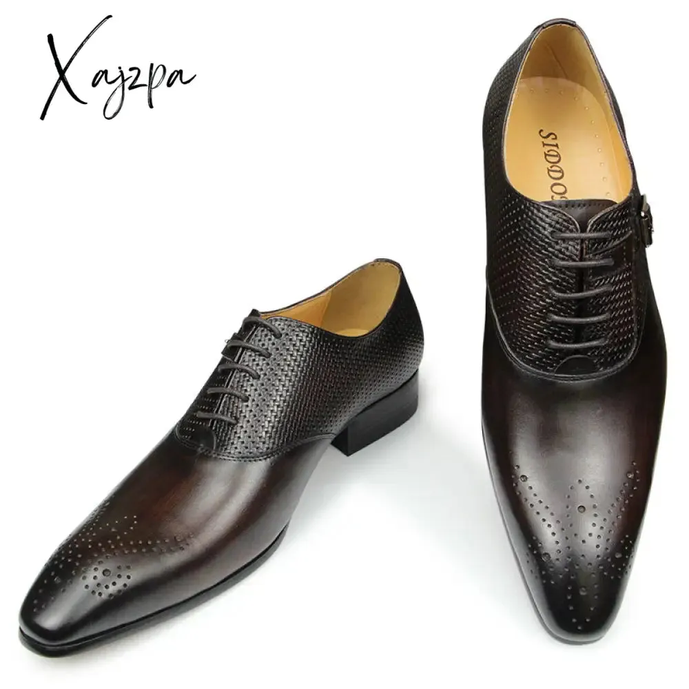 Xajzpa - Luxury Mens Business Genuine Leather Shoes Fashion Wedding Oxfords Lace-up Pointed Toe Black Green Coffee Brogues Dress Shoes
