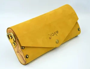 Yellow small clutch women bag from leather and wood